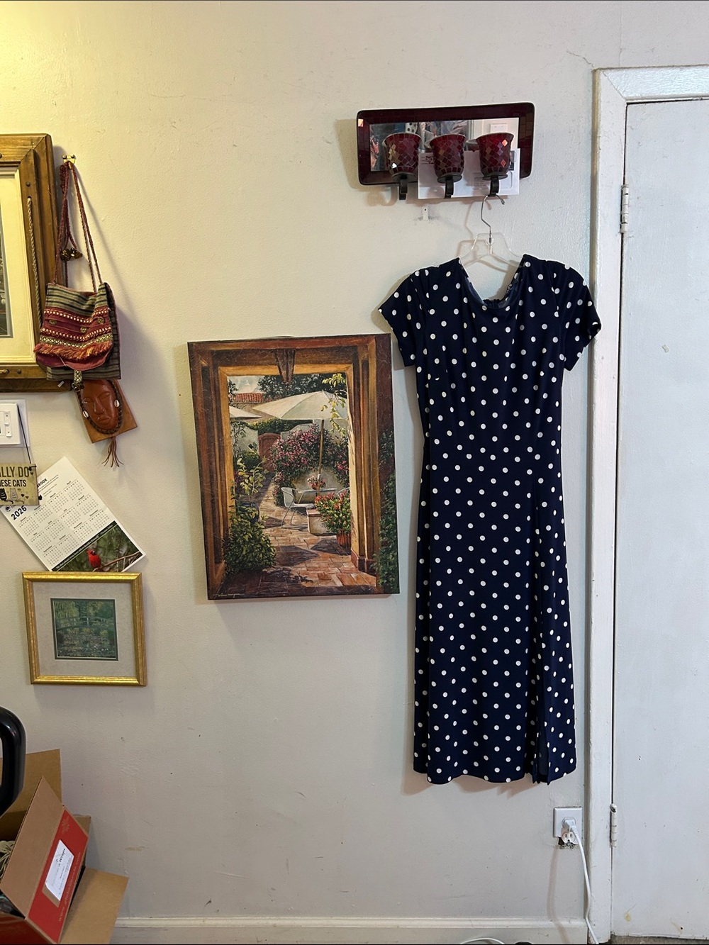 Chaps Medium Navy and White Polka Dot Midi Dress with Front Slit